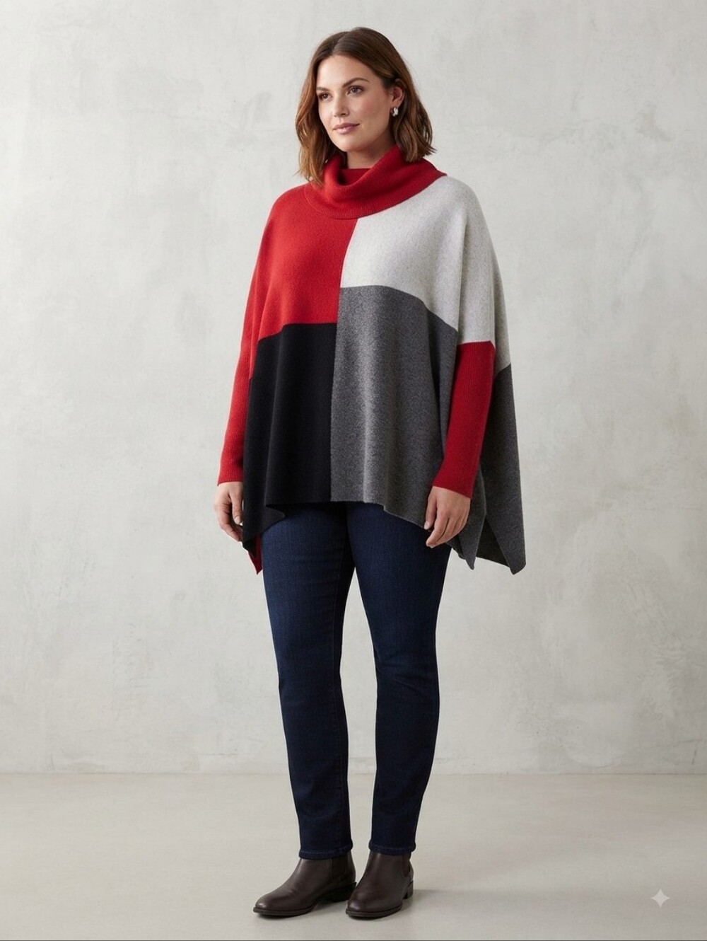 CHARLIE B Red and Gray Turtleneck Poncho Long Sleeve Sweater Women’s Size Large
